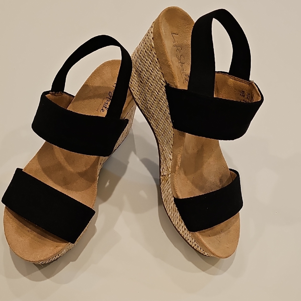 Life Stride Delra Black Elastic Strap Wedge Sandals with Tan Footbed Size 8.5 - Picture 11 of 14